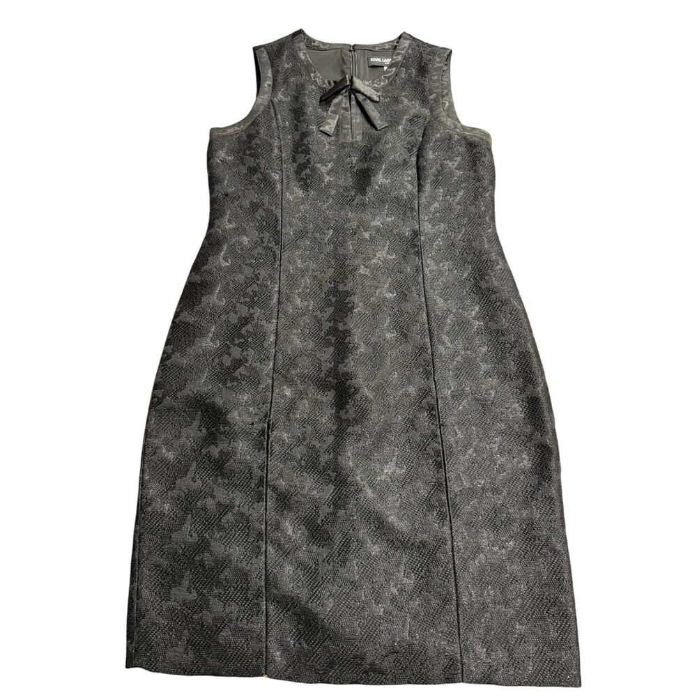 Karl Lagerfeld Paris Tweed Shift Dress Bow Lace Wool Sz 10 Lined Black MSRP $149